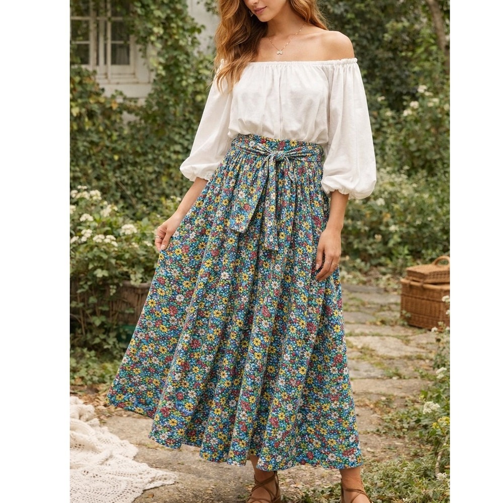 Vintage Allen Solly Floral Midi Skirt Size 14 Tie‎ Waist Cottagecore Made in USA